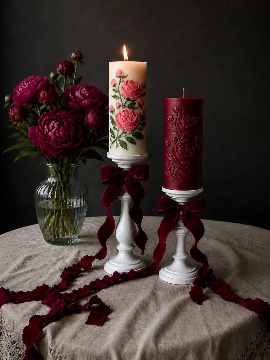 Peony pillar candles with velvet ribbon