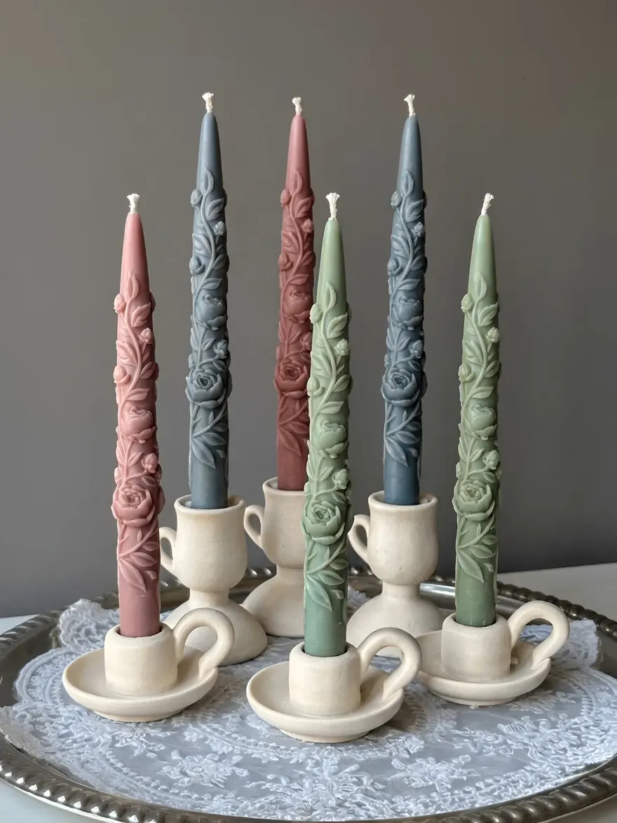 Floral taper candles in pastel colors